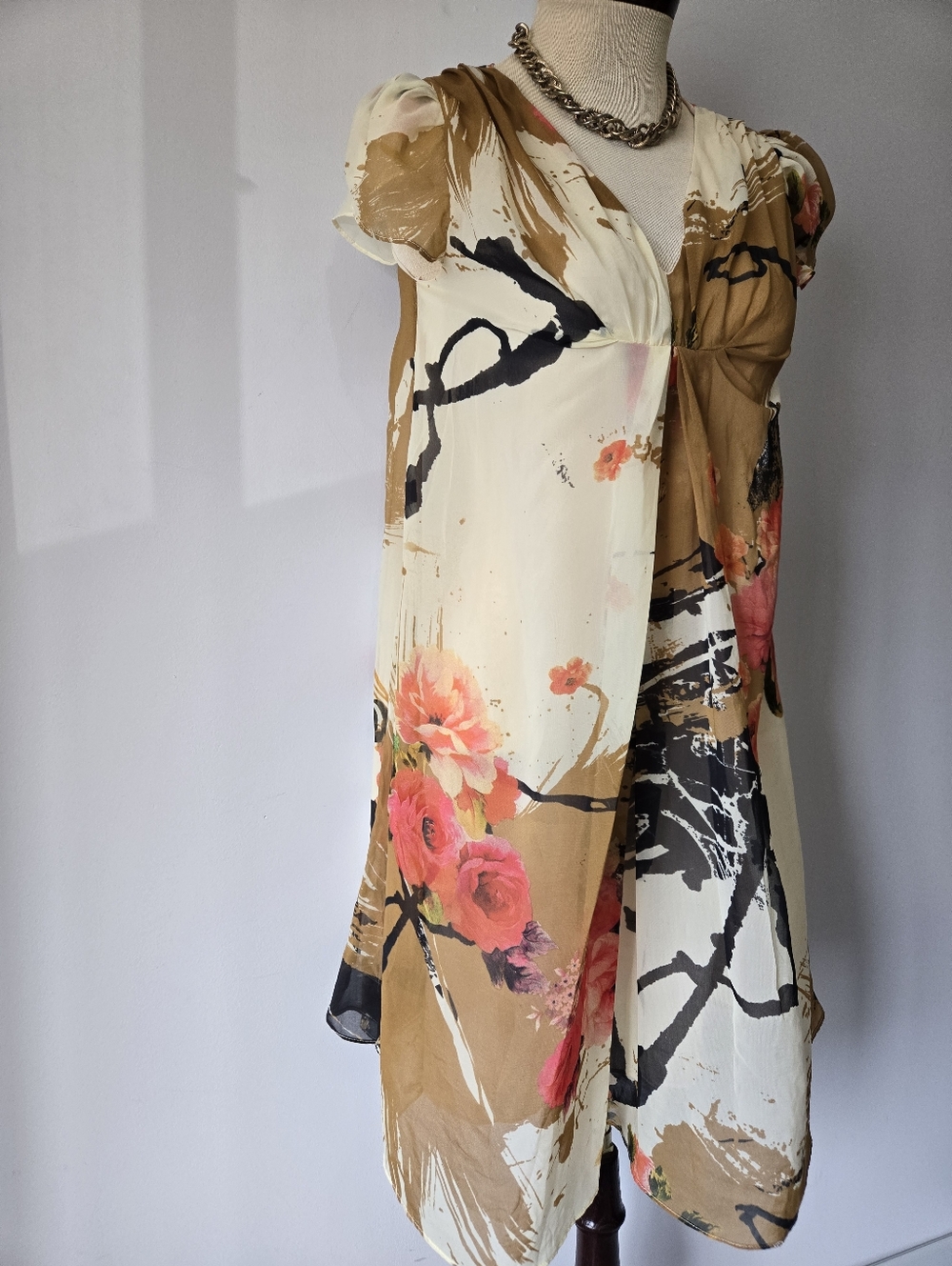 Diane von Furstenberg Silk Botanical Abstract Cream,brown, Pink Midi Dress. 4 - Picture 2 of 12